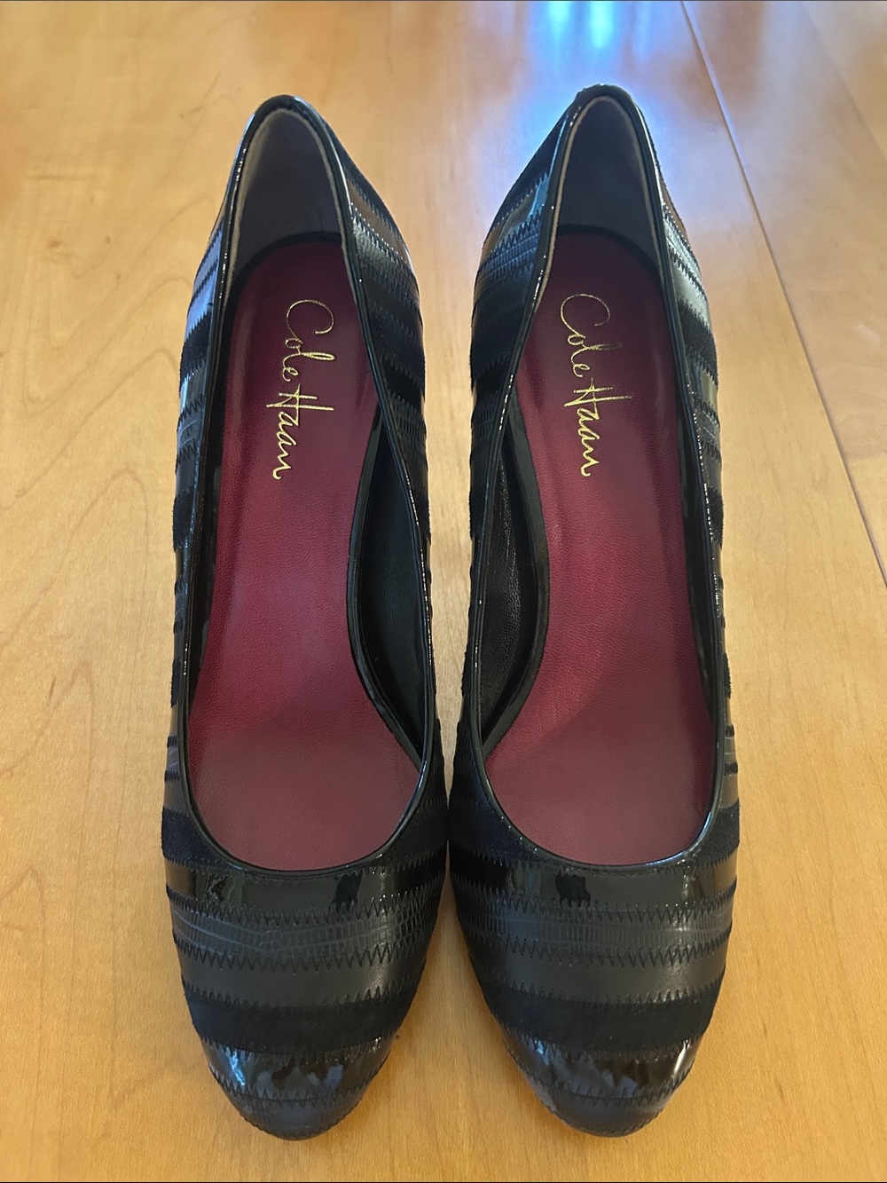 Cole Haan Black Patent and Fabric Mid-Heel Pumps